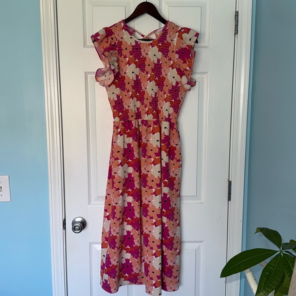 MICHELLE MCDOWELL Pink Orange White Smocked Midi Dress Size Medium